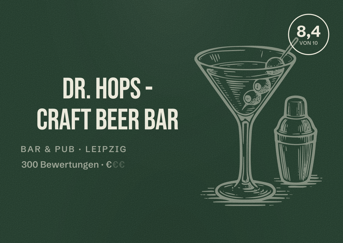 Illustriertes Poster von Dr. Hops - Craft Beer Bar, Bar & Pub in Leipzig: Bewertung 8,4 von 10 aus 300 Bewertungen, Preisniveau €