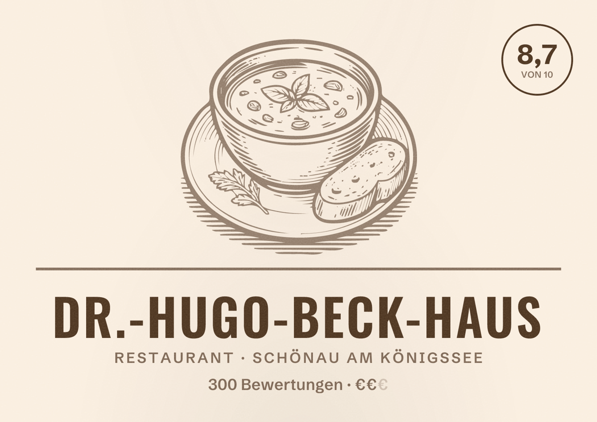 Illustriertes Poster von Dr.-Hugo-Beck-Haus, Restaurant in Schönau am Königssee: Bewertung 8,7 von 10 aus 300 Bewertungen, Preisniveau €€