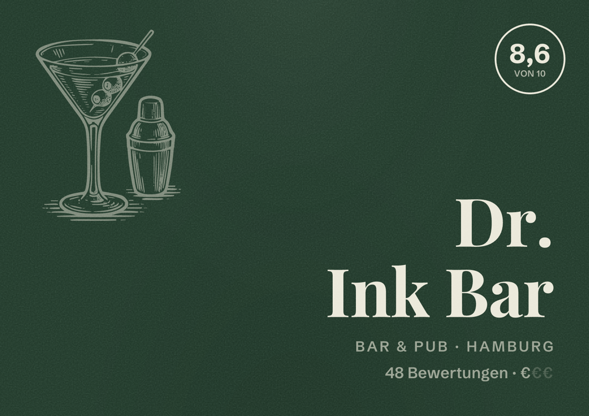 Illustriertes Poster von Dr. Ink Bar, Bar & Pub in Hamburg: Bewertung 8,6 von 10 aus 48 Bewertungen, Preisniveau €