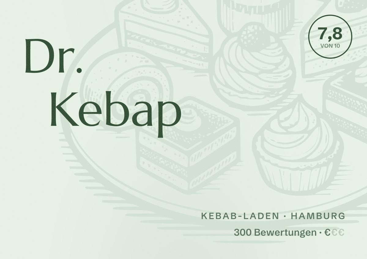 Illustriertes Poster von Dr. Kebap, Kebab-Laden in Hamburg: Bewertung 7,8 von 10 aus 300 Bewertungen, Preisniveau €