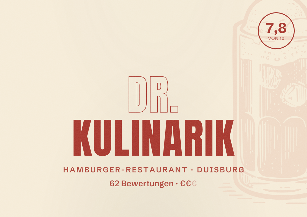 Illustriertes Poster von Dr. Kulinarik, Hamburger-Restaurant in Duisburg: Gästebewertung 7,7 von 10 aus 62 Bewertungen
