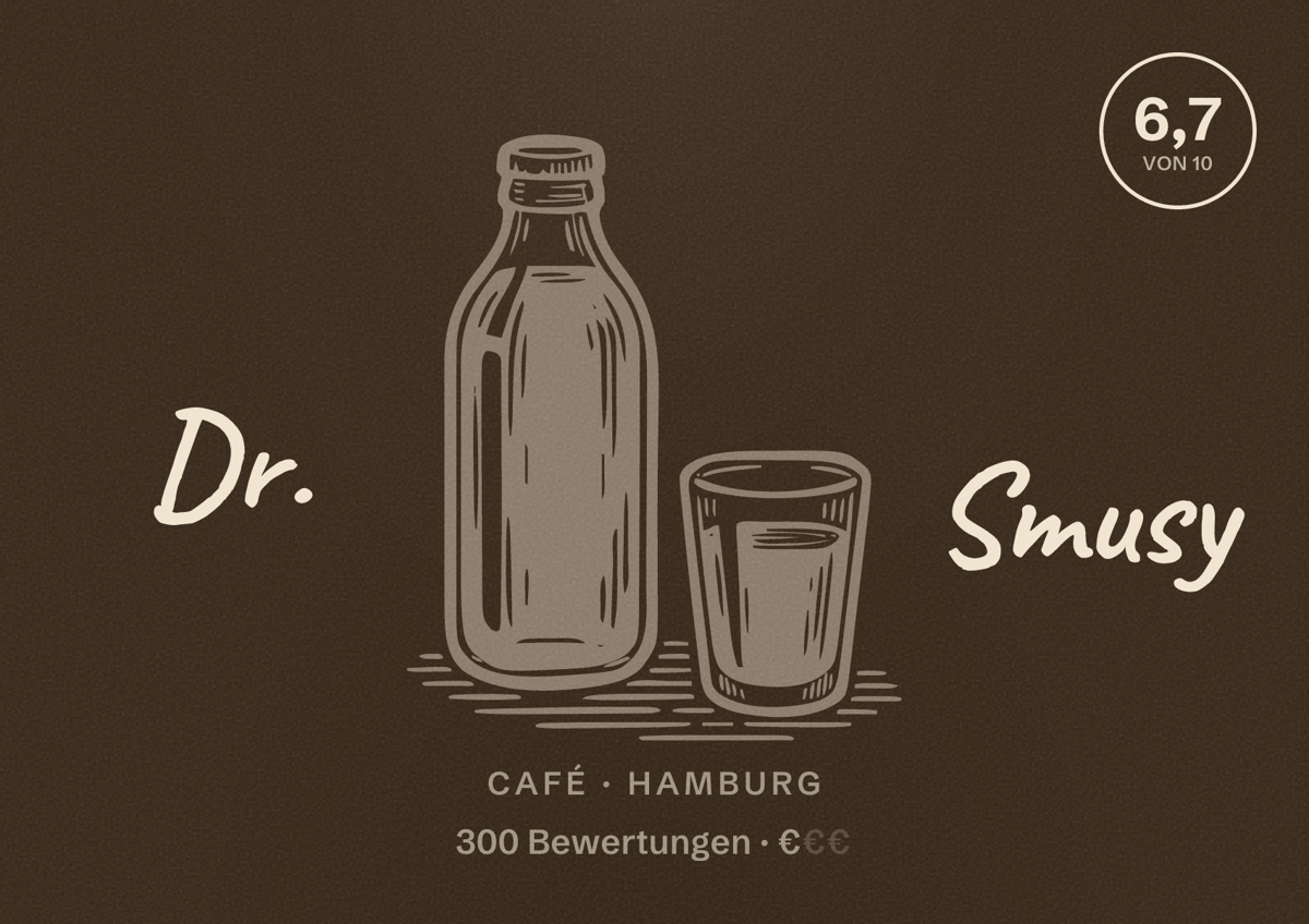 Illustriertes Poster von Dr. Smusy, Café in Hamburg: Bewertung 6,7 von 10 aus 300 Bewertungen, Preisniveau €