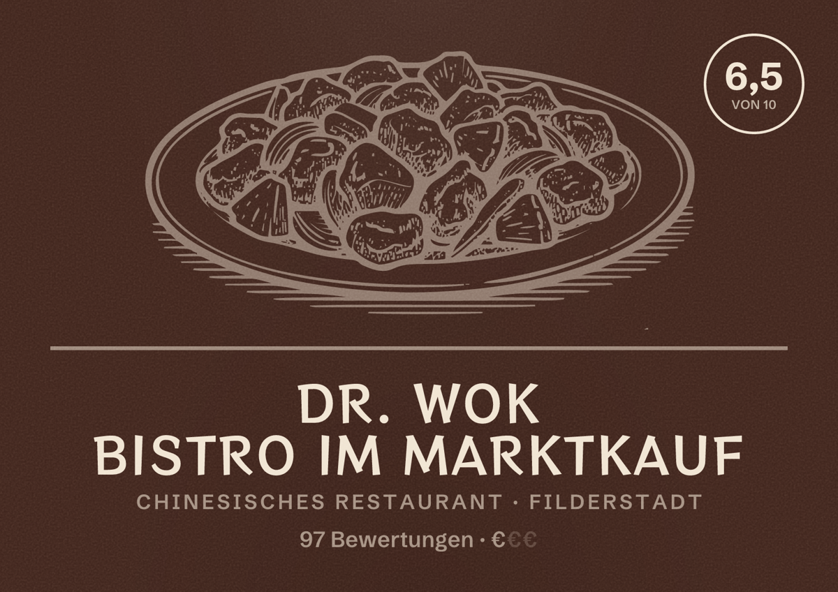 Illustriertes Poster von Dr. WOK Bistro im Marktkauf, Chinesisches Restaurant in Filderstadt: Bewertung 6,5 von 10 aus 97 Bewertungen, Preisniveau €