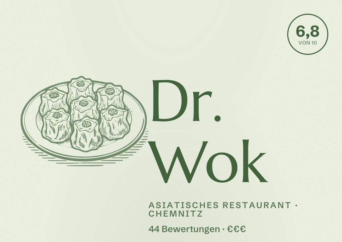Illustriertes Poster von Dr. Wok, Asiatisches Restaurant in Chemnitz: Bewertung 6,8 von 10 aus 44 Bewertungen, Preisniveau €€€