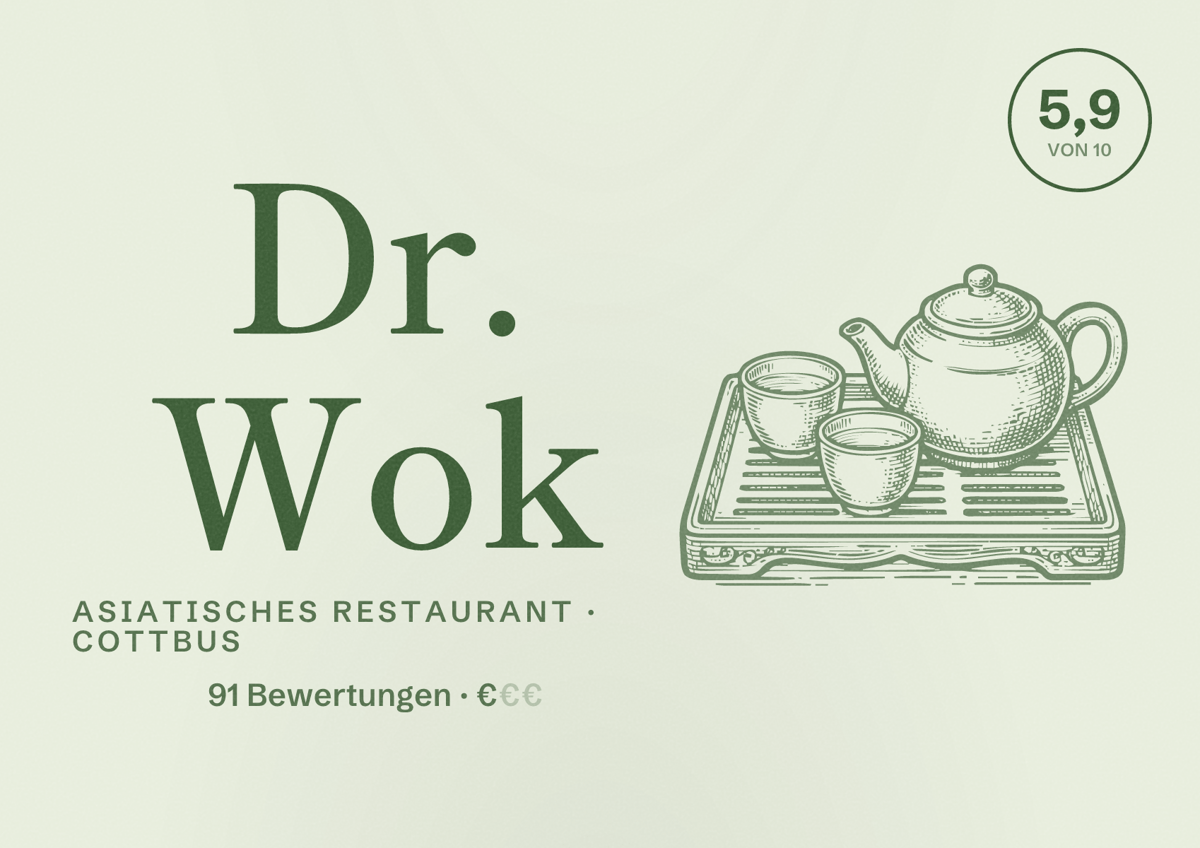 Illustriertes Poster von Dr. Wok, Asiatisches Restaurant in Cottbus: Bewertung 5,9 von 10 aus 91 Bewertungen, Preisniveau €