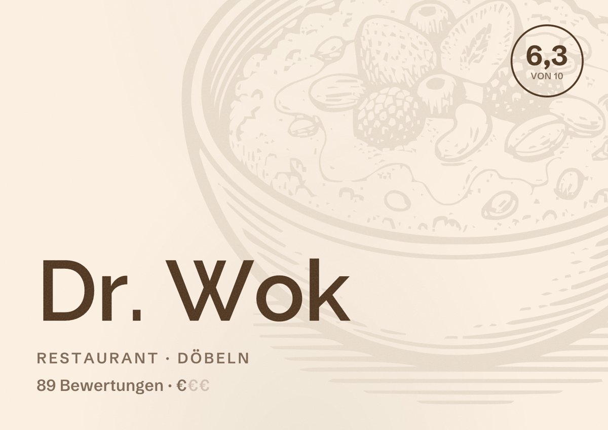 Illustriertes Poster von Dr. Wok, Restaurant in Döbeln: Bewertung 6,3 von 10 aus 89 Bewertungen, Preisniveau €