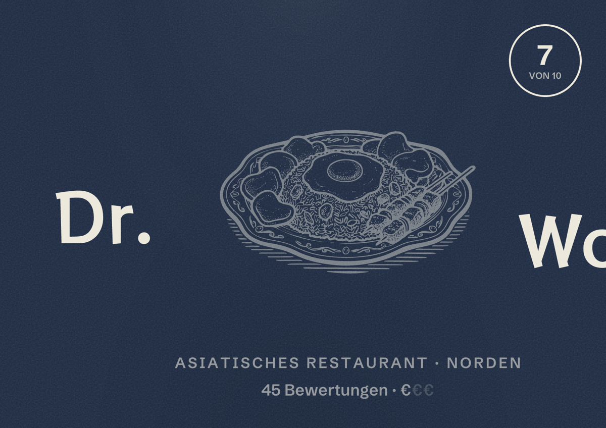 Illustriertes Poster von Dr. Wok, Asiatisches Restaurant in Norden: Bewertung 7 von 10 aus 45 Bewertungen, Preisniveau €