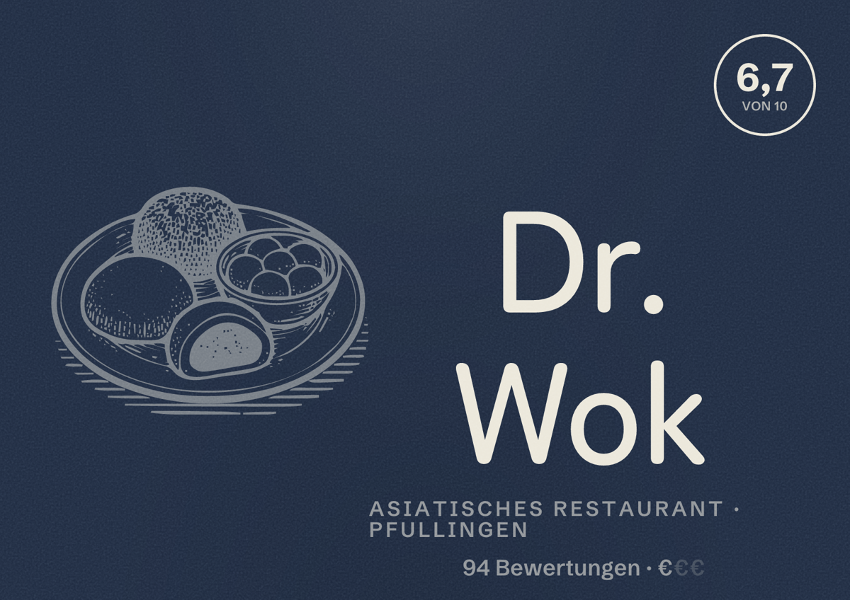 Illustriertes Poster von Dr. Wok, Asiatisches Restaurant in Pfullingen: Bewertung 6,7 von 10 aus 94 Bewertungen, Preisniveau €