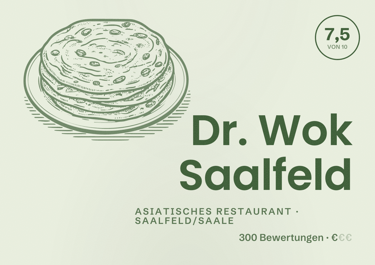 Illustriertes Poster von Dr. Wok Saalfeld, Asiatisches Restaurant in Saalfeld/Saale: Bewertung 7,5 von 10 aus 300 Bewertungen, Preisniveau €