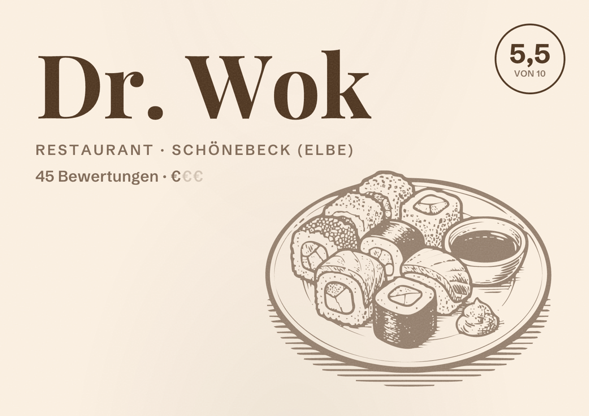 Illustriertes Poster von Dr. Wok, Restaurant in Schönebeck (Elbe): Bewertung 5,5 von 10 aus 45 Bewertungen, Preisniveau €