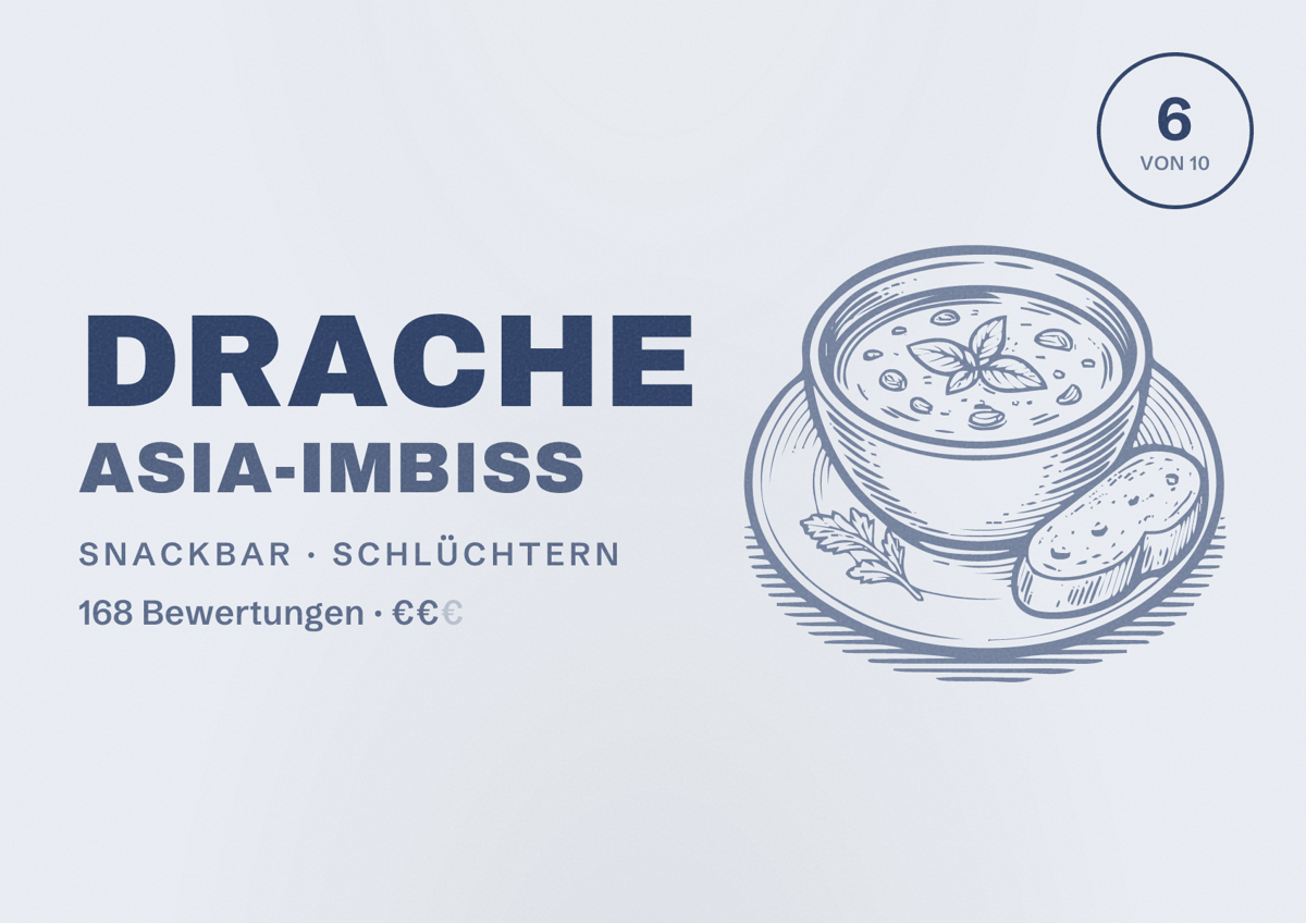 Illustriertes Poster von Drache Asia-Imbiss, Snackbar in Schlüchtern: Bewertung 6 von 10 aus 168 Bewertungen, Preisniveau €€