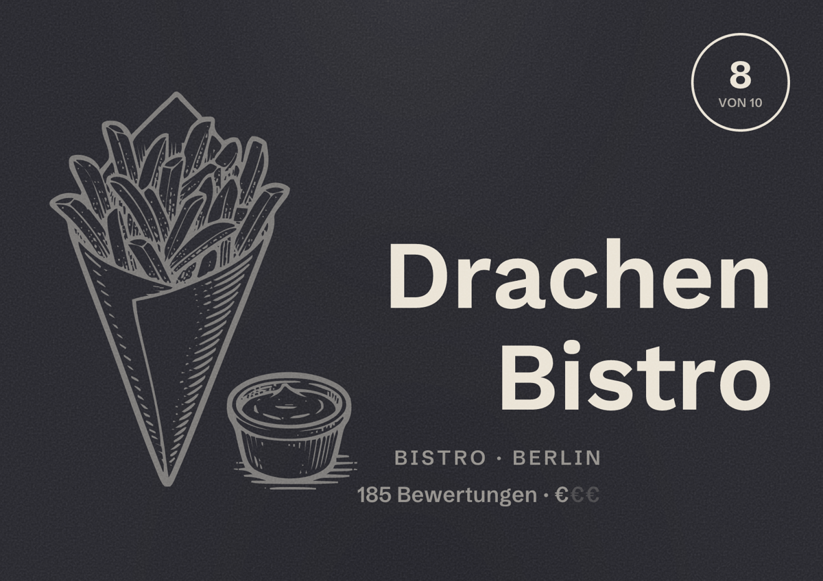 Illustriertes Poster von Drachen Bistro, Bistro in Berlin: Bewertung 8,0 von 10 aus 185 Bewertungen, Preisniveau €