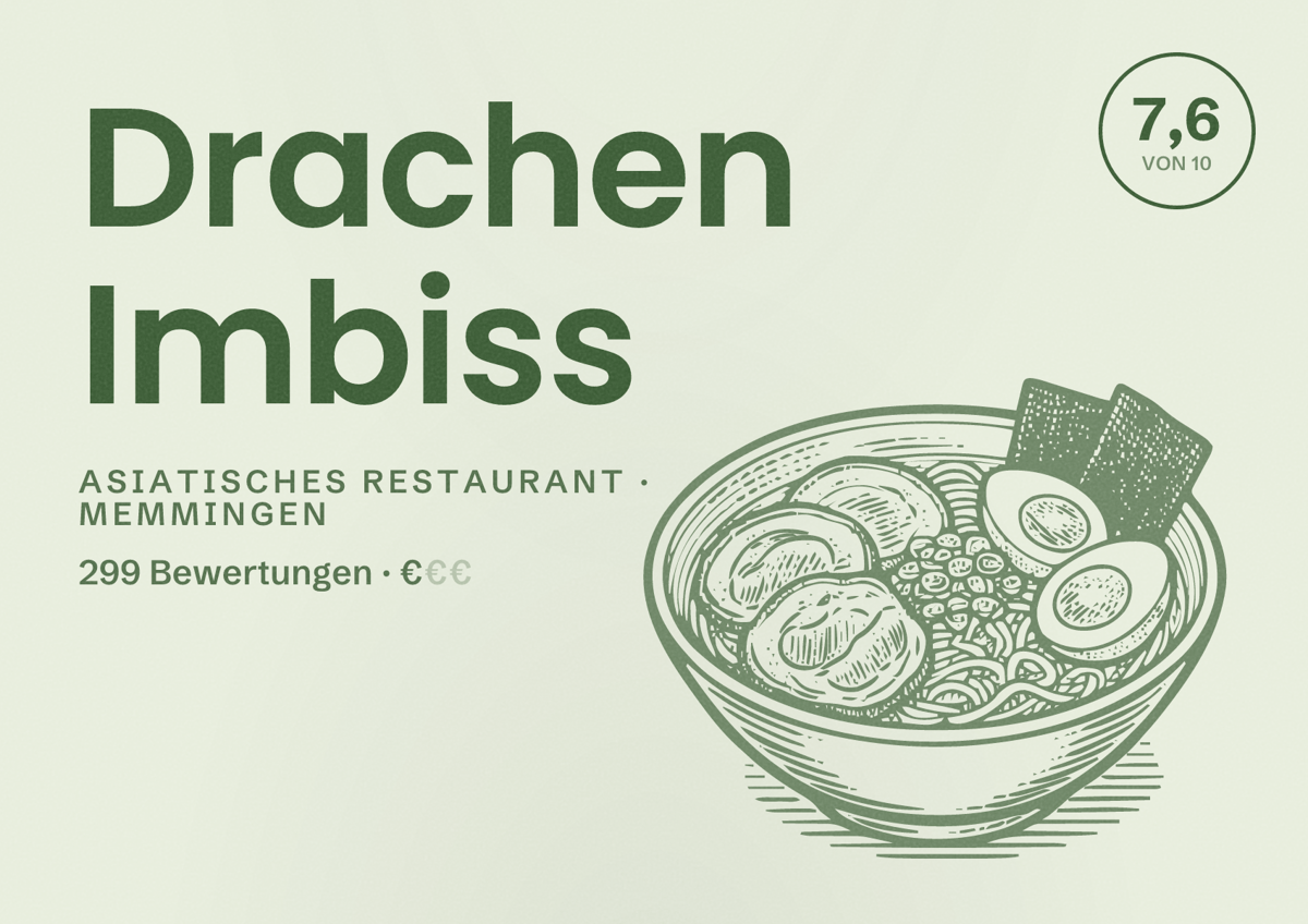 Illustriertes Poster von Drachen Imbiss, Asiatisches Restaurant in Memmingen: Bewertung 7,6 von 10 aus 299 Bewertungen, Preisniveau €