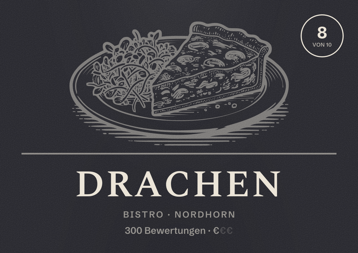 Illustriertes Poster von Drachen, Bistro in Nordhorn: Bewertung 8 von 10 aus 300 Bewertungen, Preisniveau €