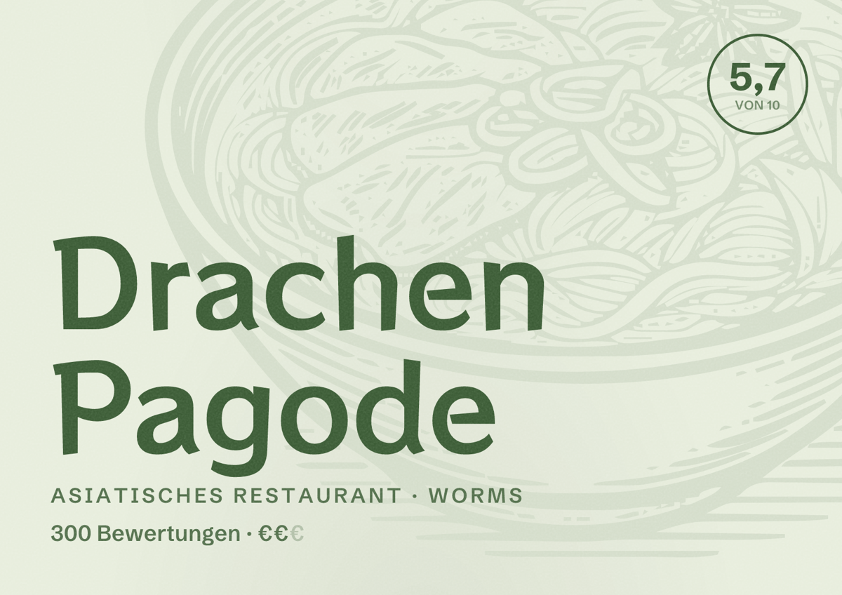 Illustriertes Poster von Drachen Pagode, Asiatisches Restaurant in Worms: Bewertung 5,7 von 10 aus 300 Bewertungen, Preisniveau €€