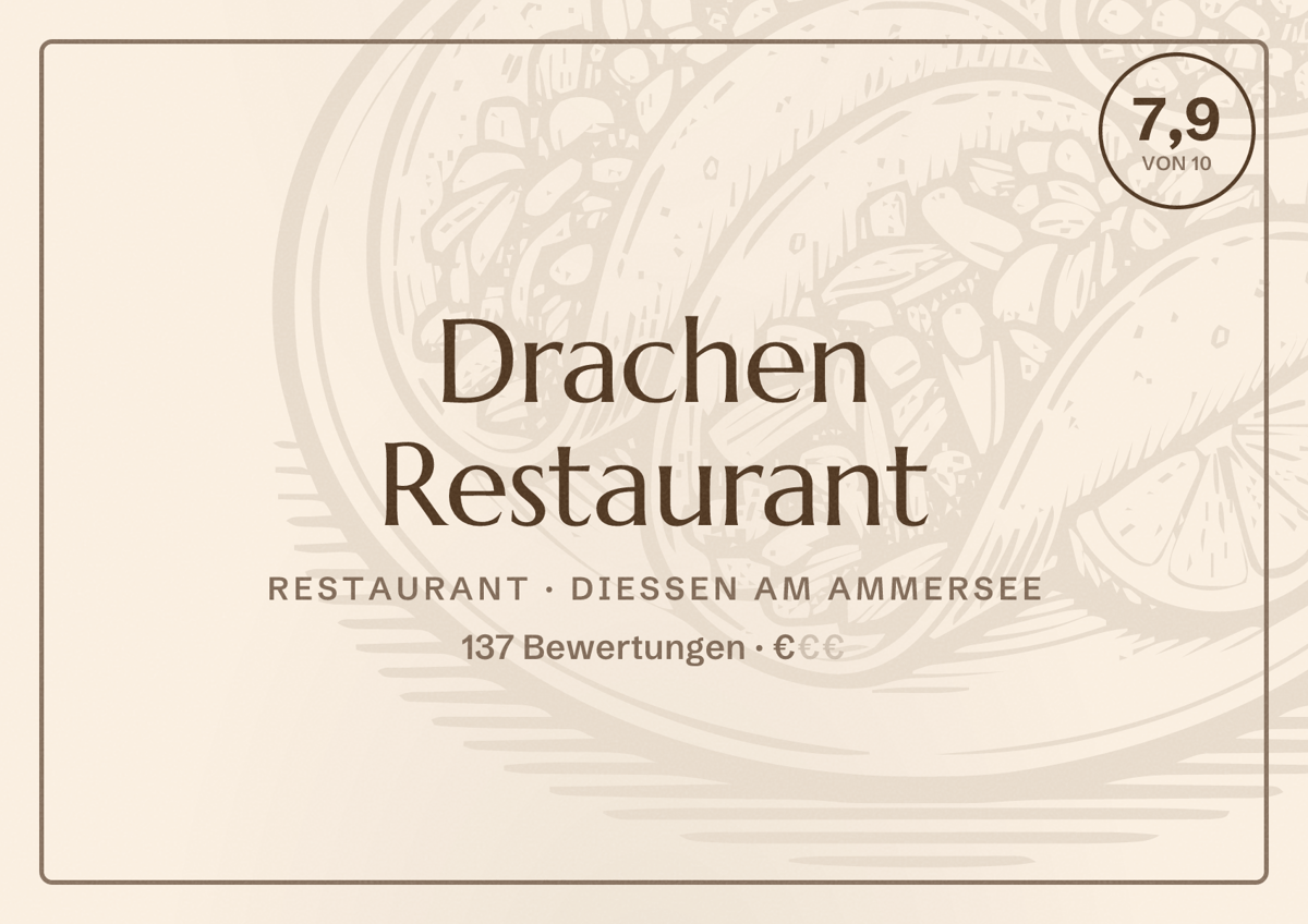 Illustriertes Poster von Drachen Restaurant, Restaurant in Dießen am Ammersee: Bewertung 7,9 von 10 aus 137 Bewertungen, Preisniveau €