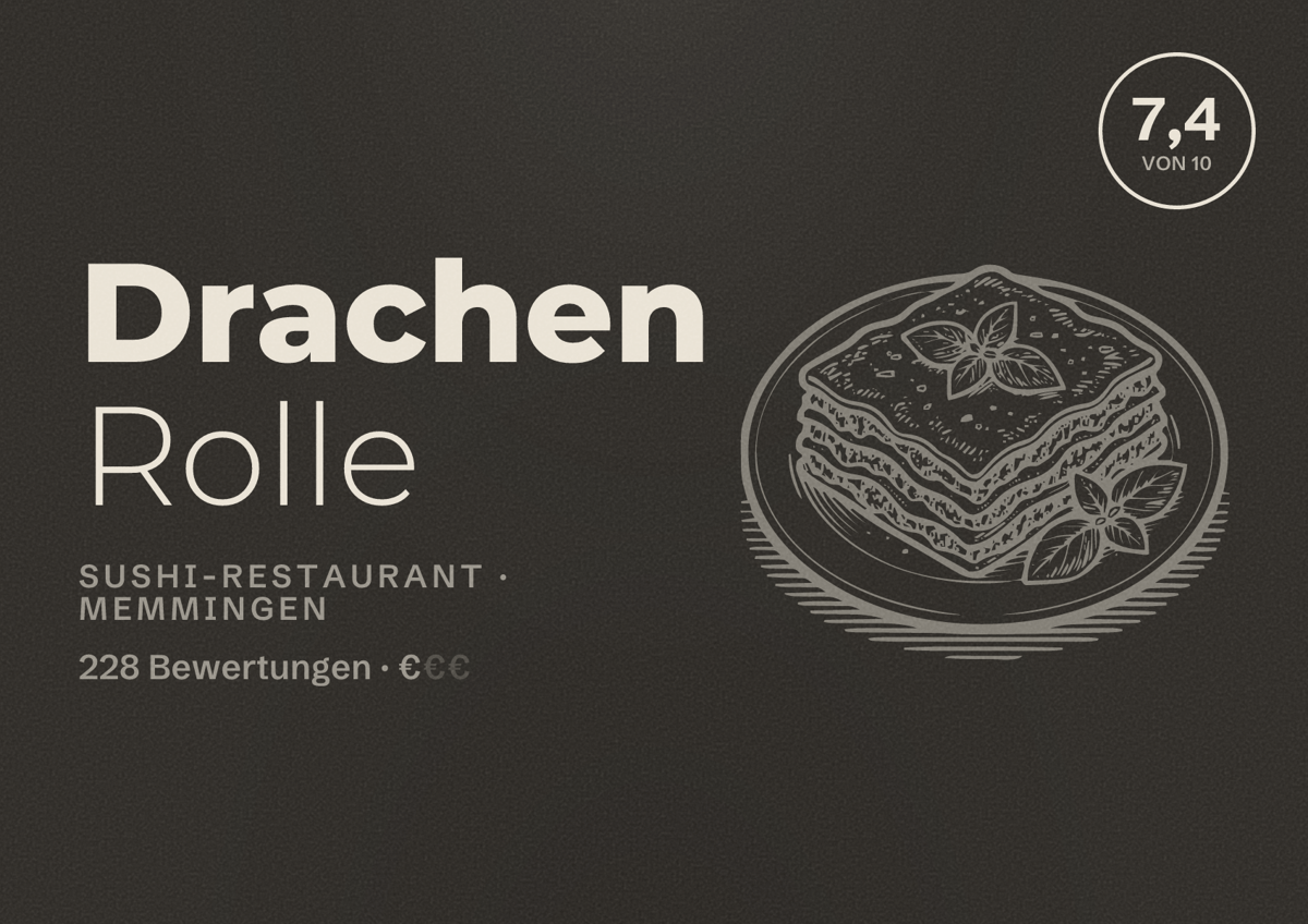 Illustriertes Poster von Drachen Rolle, Sushi-Restaurant in Memmingen: Bewertung 7,4 von 10 aus 228 Bewertungen, Preisniveau €