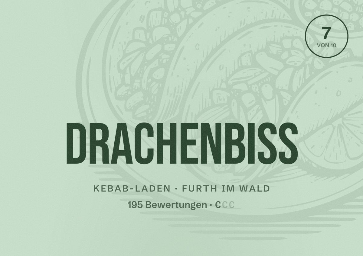 Illustriertes Poster von Drachenbiss, Kebab-Laden in Furth im Wald: Bewertung 7 von 10 aus 195 Bewertungen, Preisniveau €