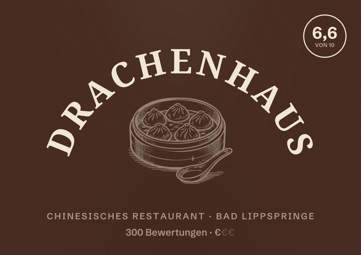 Illustriertes Poster von Drachenhaus, Chinesisches Restaurant in Bad Lippspringe: Bewertung 6,6 von 10 aus 300 Bewertungen, Preisniveau €