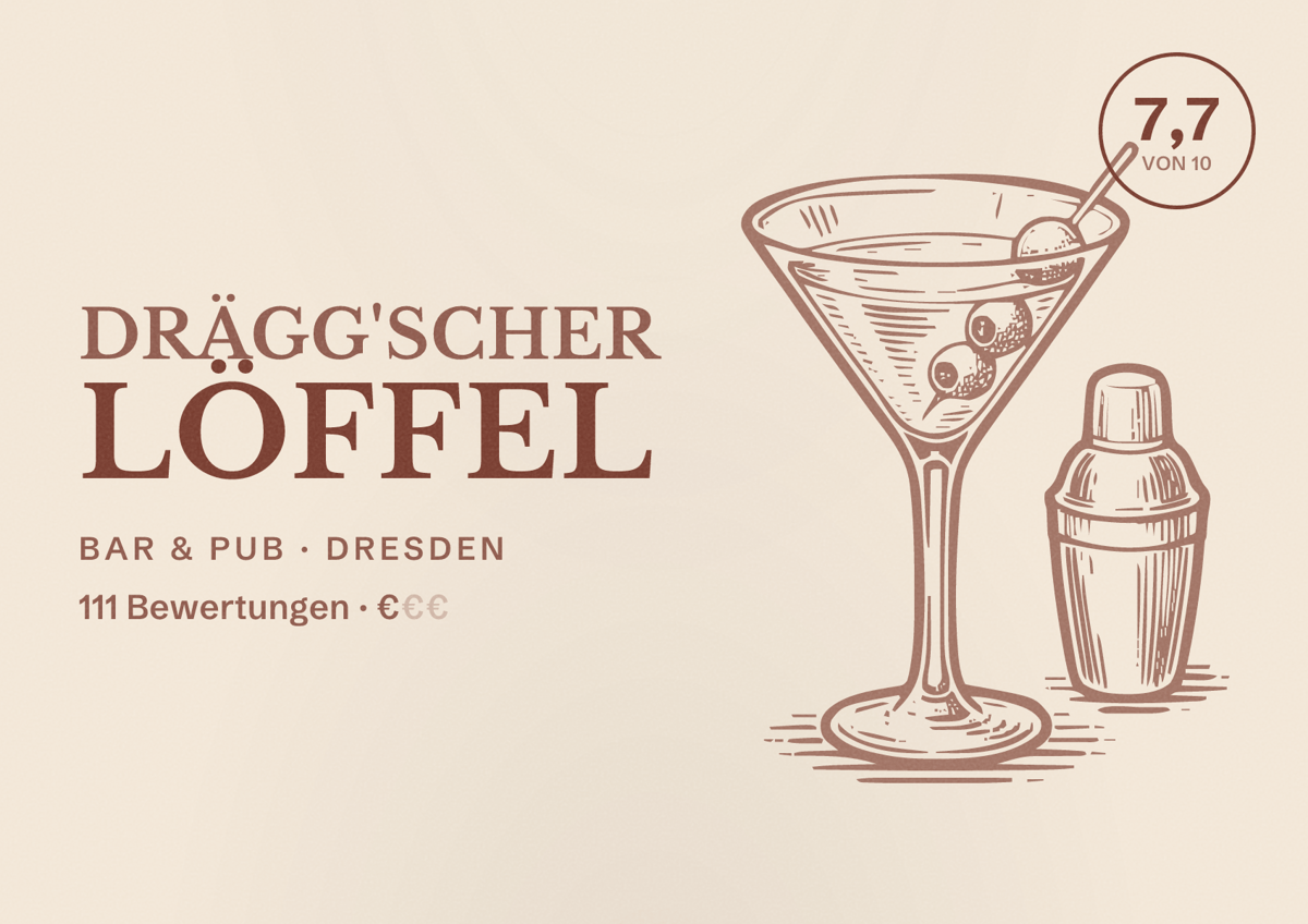 Illustriertes Poster von Drägg'scher Löffel, Bar & Pub in Dresden: Bewertung 7,7 von 10 aus 111 Bewertungen, Preisniveau €