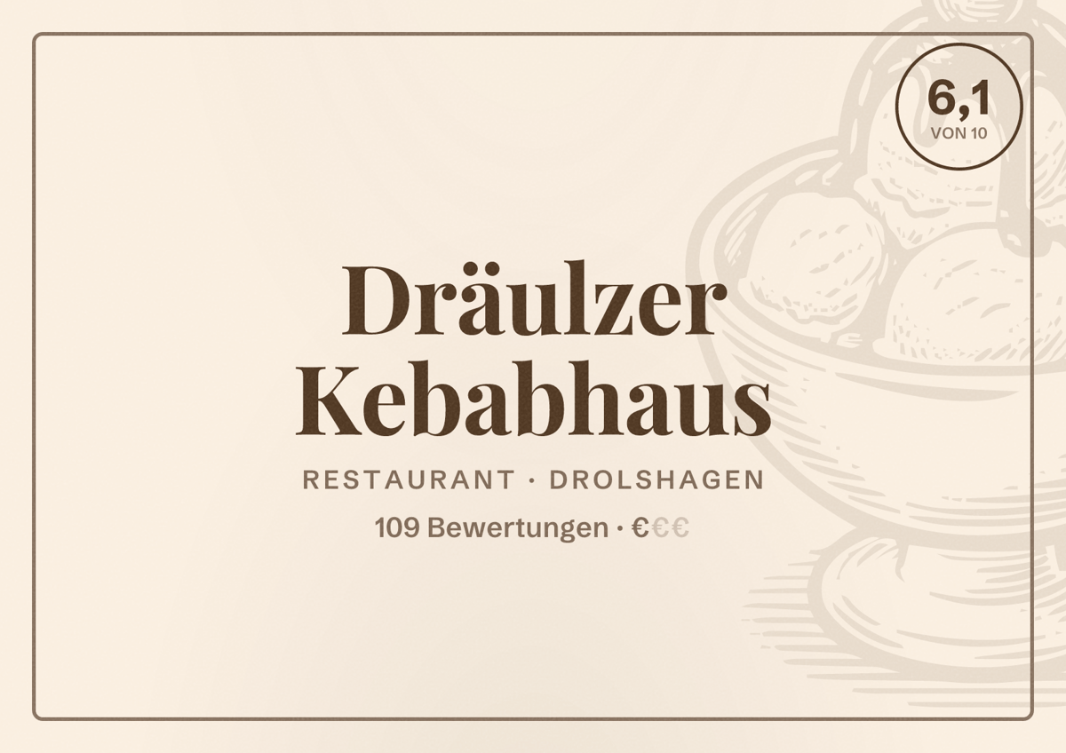 Illustriertes Poster von Dräulzer Kebabhaus, Restaurant in Drolshagen: Bewertung 6,1 von 10 aus 109 Bewertungen, Preisniveau €