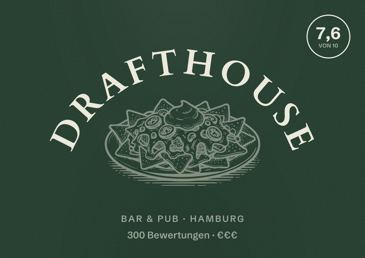 Illustriertes Poster von Drafthouse, Bar & Pub in Hamburg: Bewertung 7,6 von 10 aus 300 Bewertungen, Preisniveau €€€