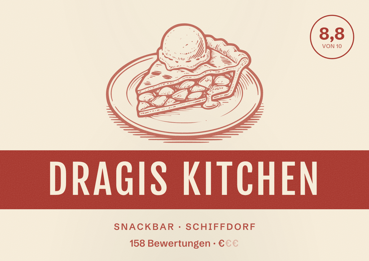 Illustriertes Poster von Dragis Kitchen, Snackbar in Schiffdorf: Bewertung 8,8 von 10 aus 158 Bewertungen, Preisniveau €