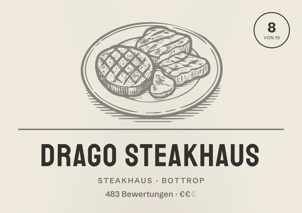 Illustriertes Poster von Drago Steakhaus, Steakhaus in Bottrop: Bewertung 8,0 von 10 aus 483 Bewertungen, Preisniveau €€