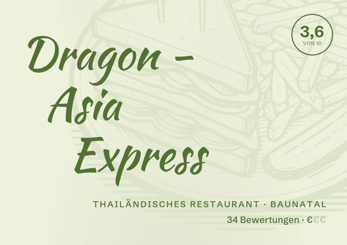Illustriertes Poster von Dragon - Asia Express, Thailändisches Restaurant in Baunatal: Bewertung 3,6 von 10 aus 34 Bewertungen, Preisniveau €