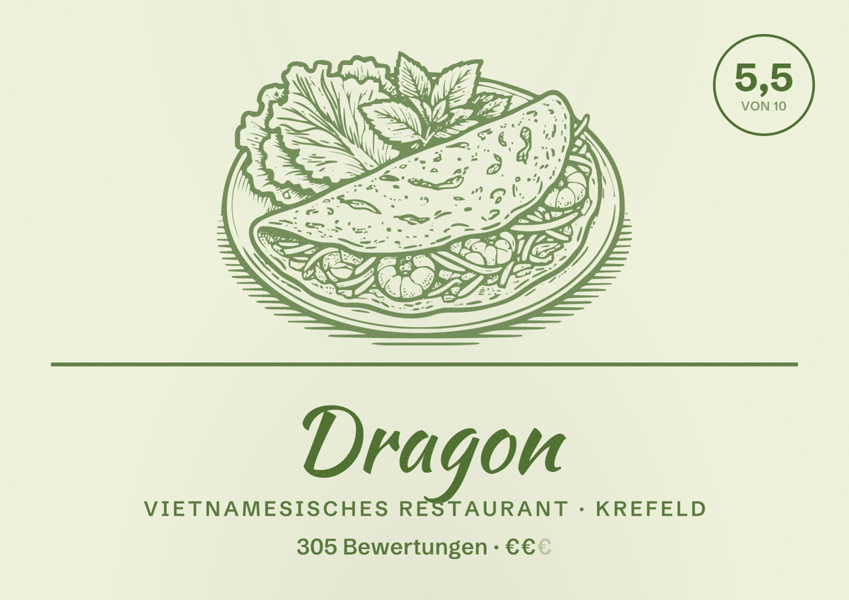 Illustriertes Poster von Dragon, Vietnamesisches Restaurant in Krefeld: Gästebewertung 5,5 von 10 aus 305 Bewertungen