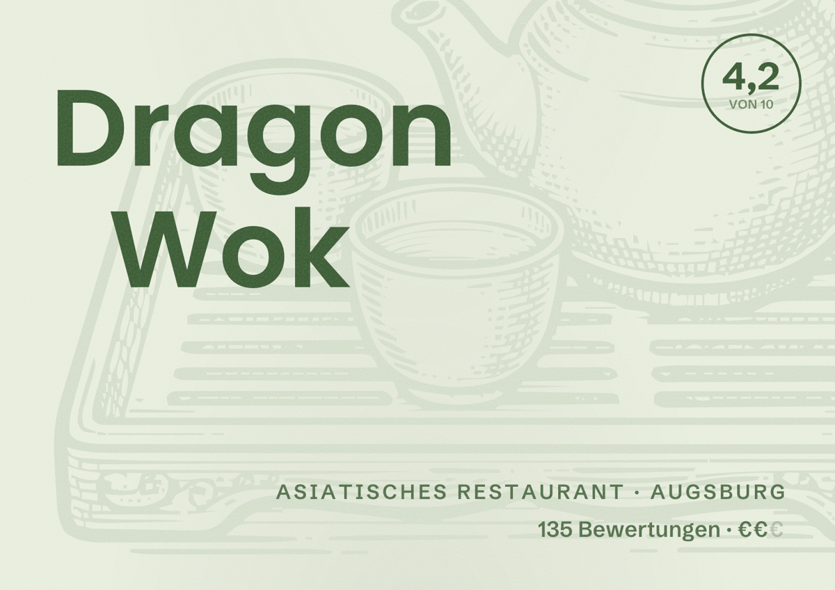 Illustriertes Poster von Dragon Wok, Asiatisches Restaurant in Augsburg: Bewertung 4,2 von 10 aus 135 Bewertungen, Preisniveau €€