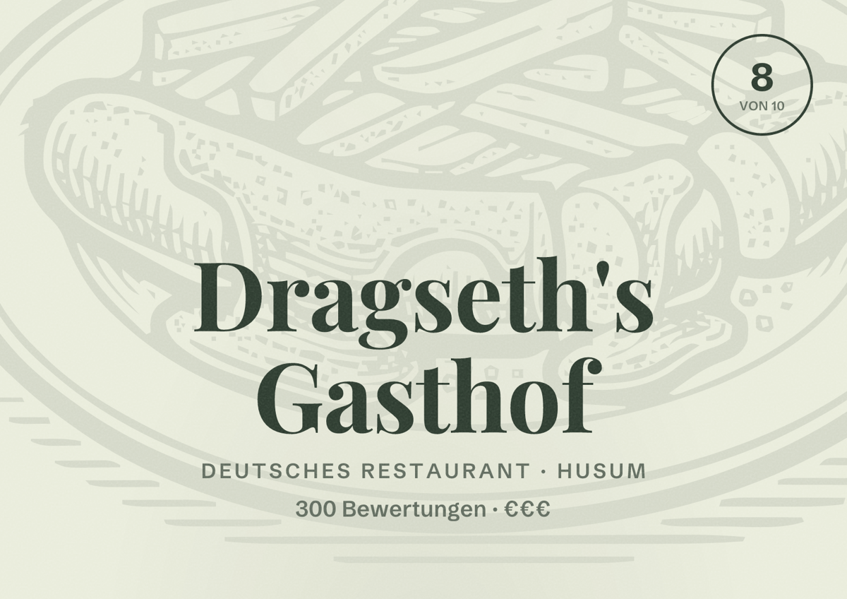 Illustriertes Poster von Dragseth's Gasthof, Deutsches Restaurant in Husum: Bewertung 8 von 10 aus 300 Bewertungen, Preisniveau €€€