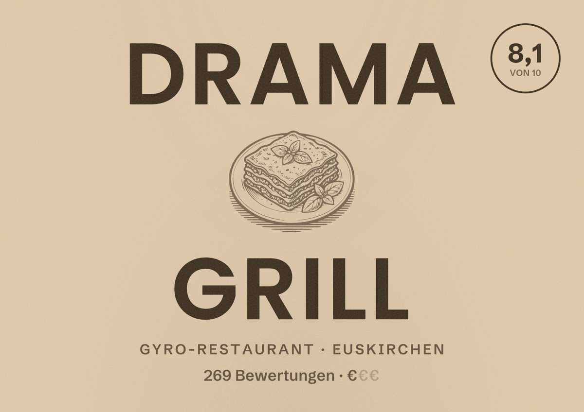 Illustriertes Poster von Drama Grill, Gyro-Restaurant in Euskirchen: Bewertung 8,1 von 10 aus 269 Bewertungen, Preisniveau €