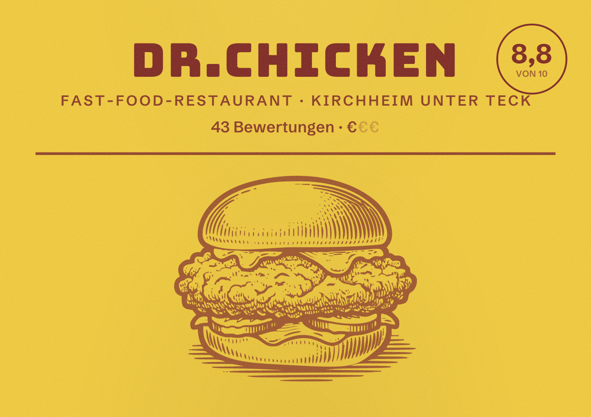 Illustriertes Poster von Dr.Chicken, Fast-Food-Restaurant in Kirchheim unter Teck: Bewertung 8,8 von 10 aus 43 Bewertungen, Preisniveau €