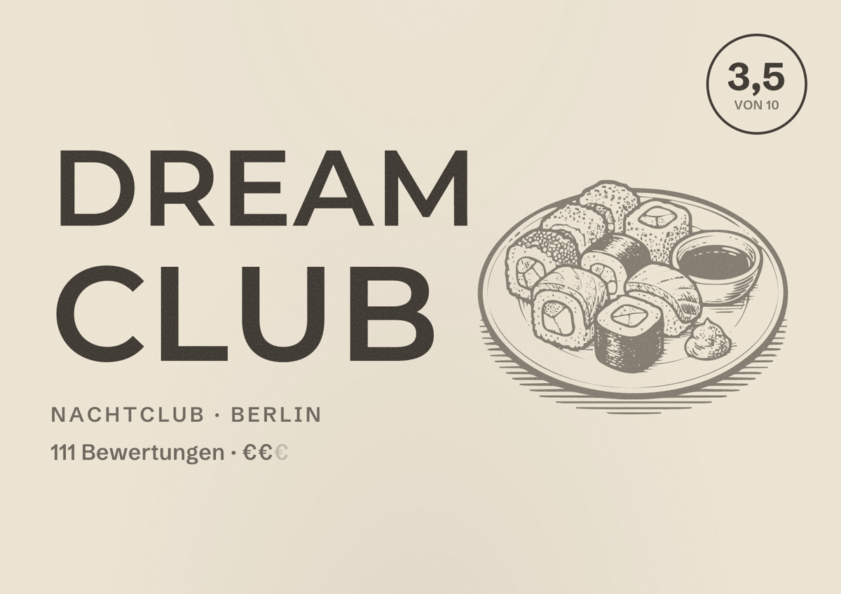 Illustriertes Poster von Dream Club, Nachtclub in Berlin: Bewertung 3,5 von 10 aus 111 Bewertungen, Preisniveau €€