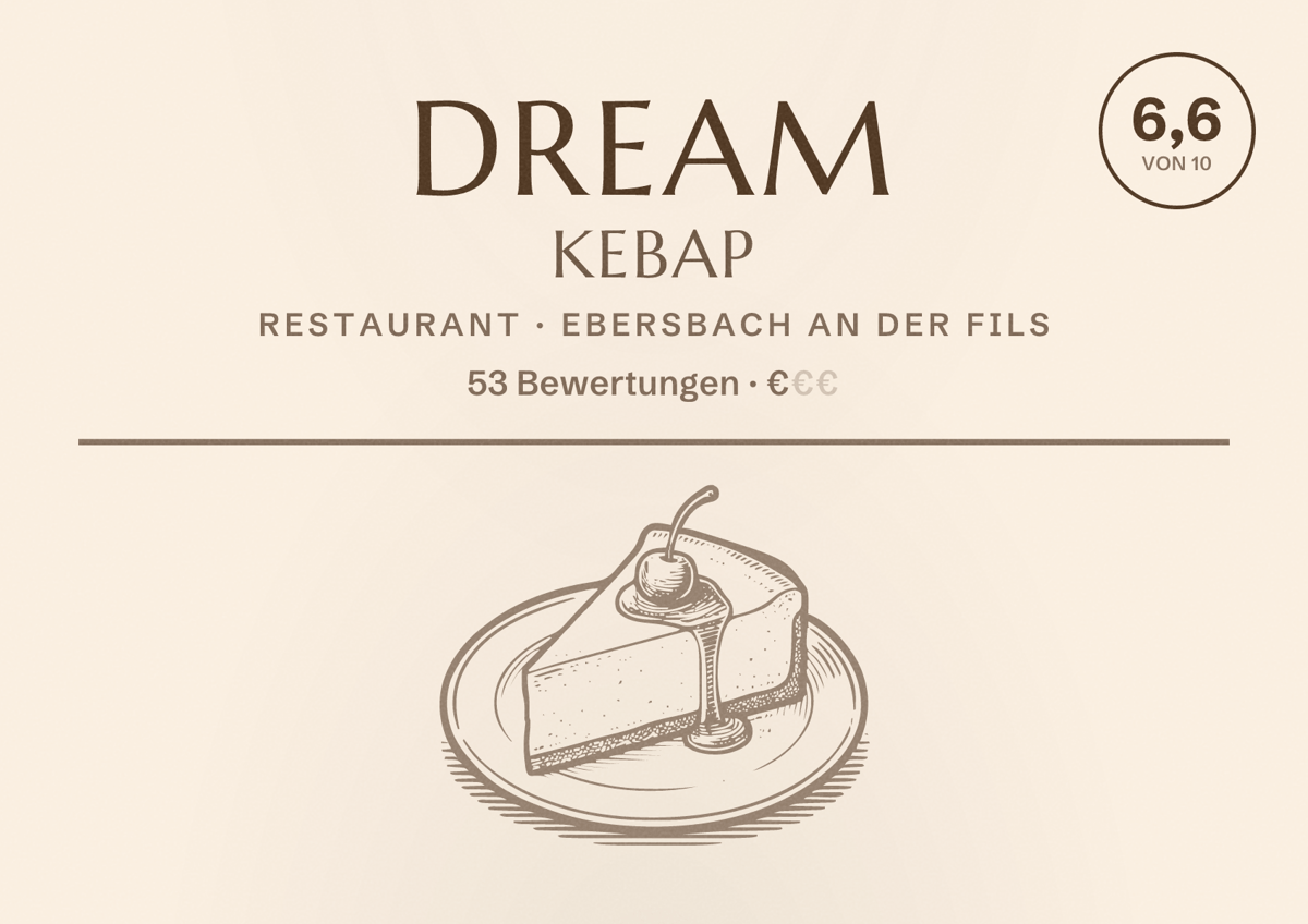 Illustriertes Poster von Dream Kebap, Restaurant in Ebersbach an der Fils: Bewertung 6,6 von 10 aus 53 Bewertungen, Preisniveau €