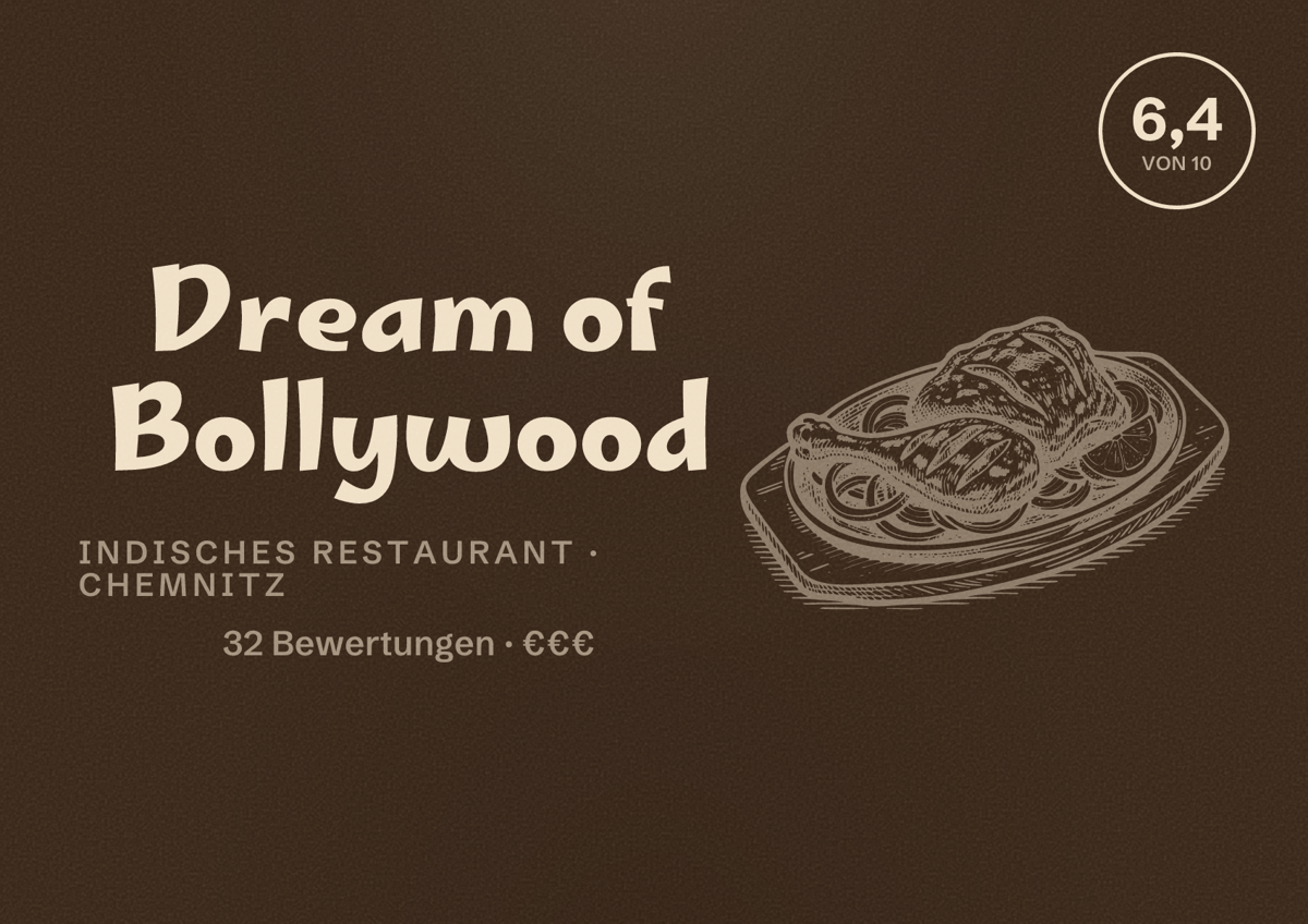 Illustriertes Poster von Dream of Bollywood, Indisches Restaurant in Chemnitz: Bewertung 6,4 von 10 aus 32 Bewertungen, Preisniveau €€€