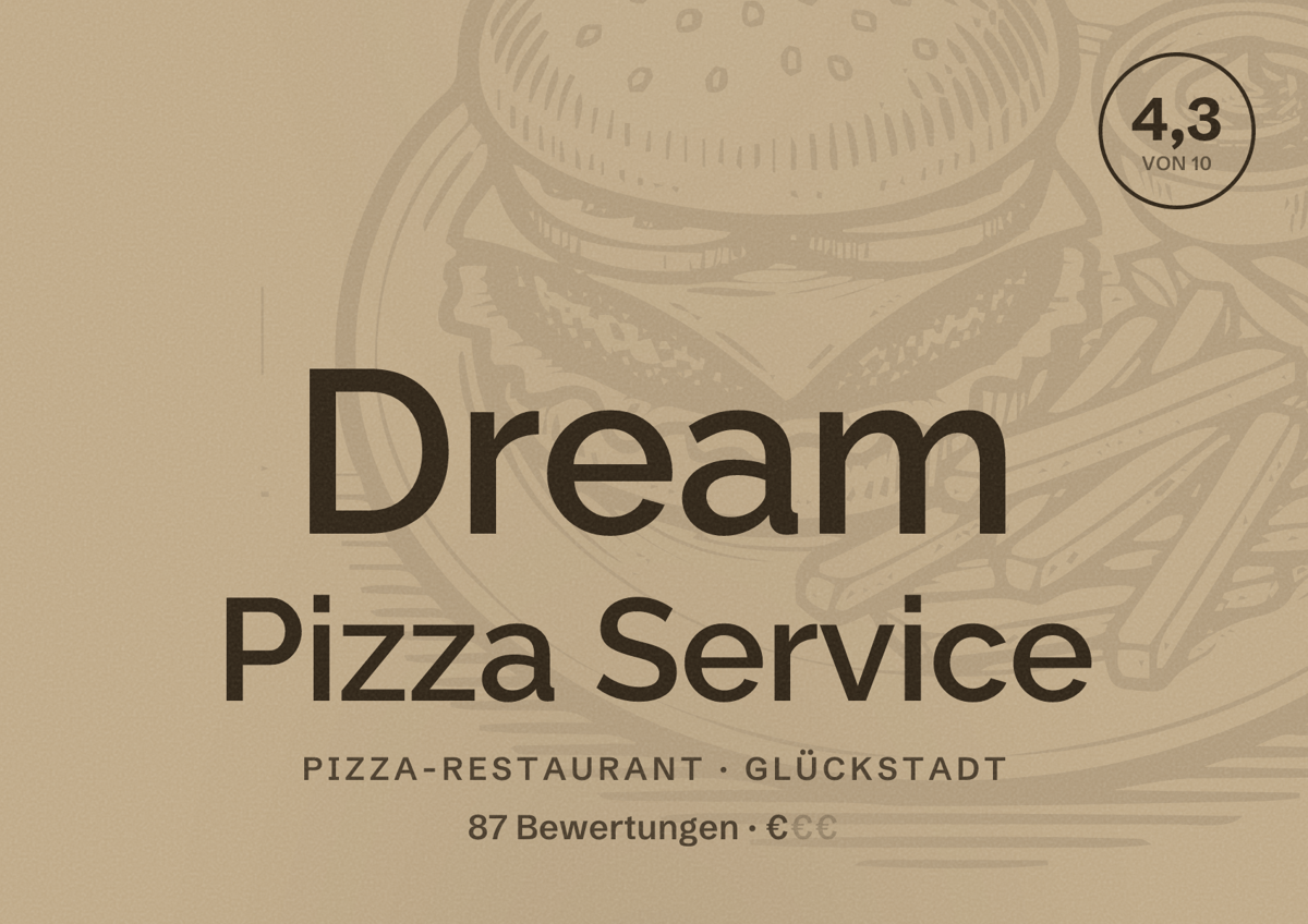 Illustriertes Poster von Dream Pizza Service, Pizza-Restaurant in Glückstadt: Bewertung 4,3 von 10 aus 87 Bewertungen, Preisniveau €