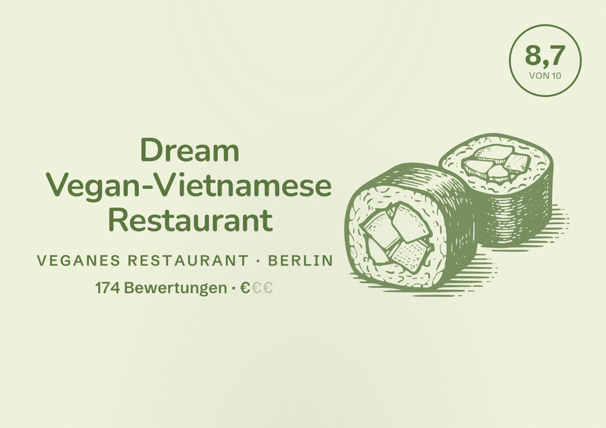 Illustriertes Poster von Dream Vegan-Vietnamese Restaurant, Veganes Restaurant in Berlin: Bewertung 8,7 von 10 aus 174 Bewertungen, Preisniveau €