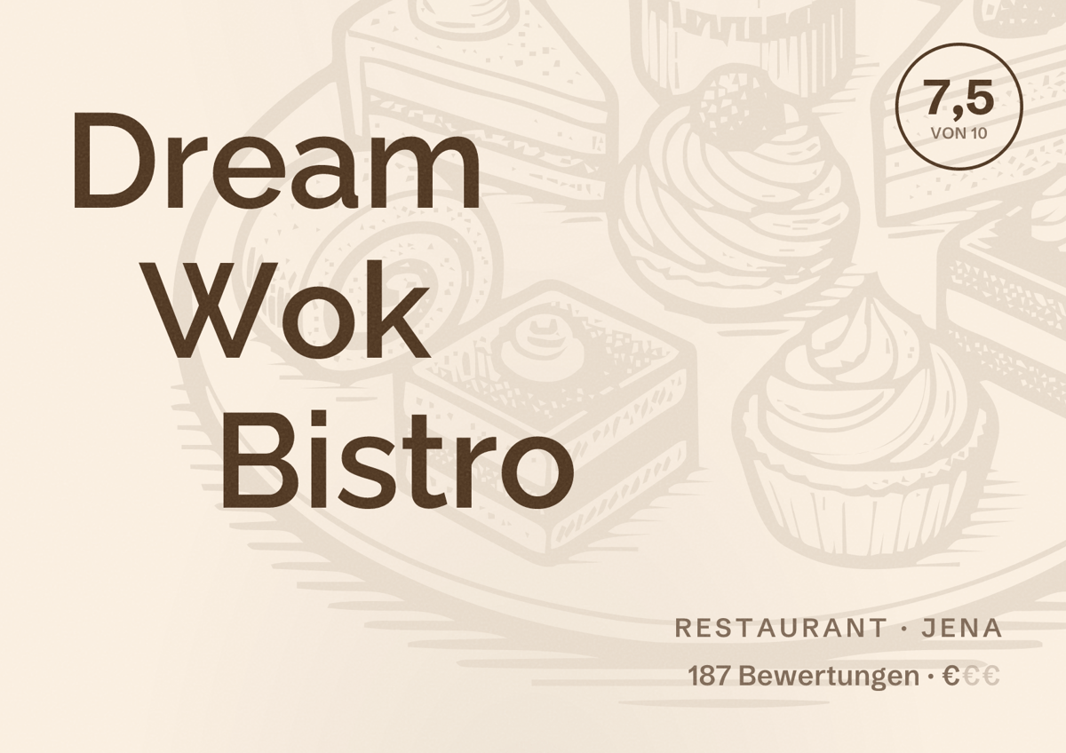 Illustriertes Poster von Dream Wok Bistro, Restaurant in Jena: Bewertung 7,5 von 10 aus 187 Bewertungen, Preisniveau €