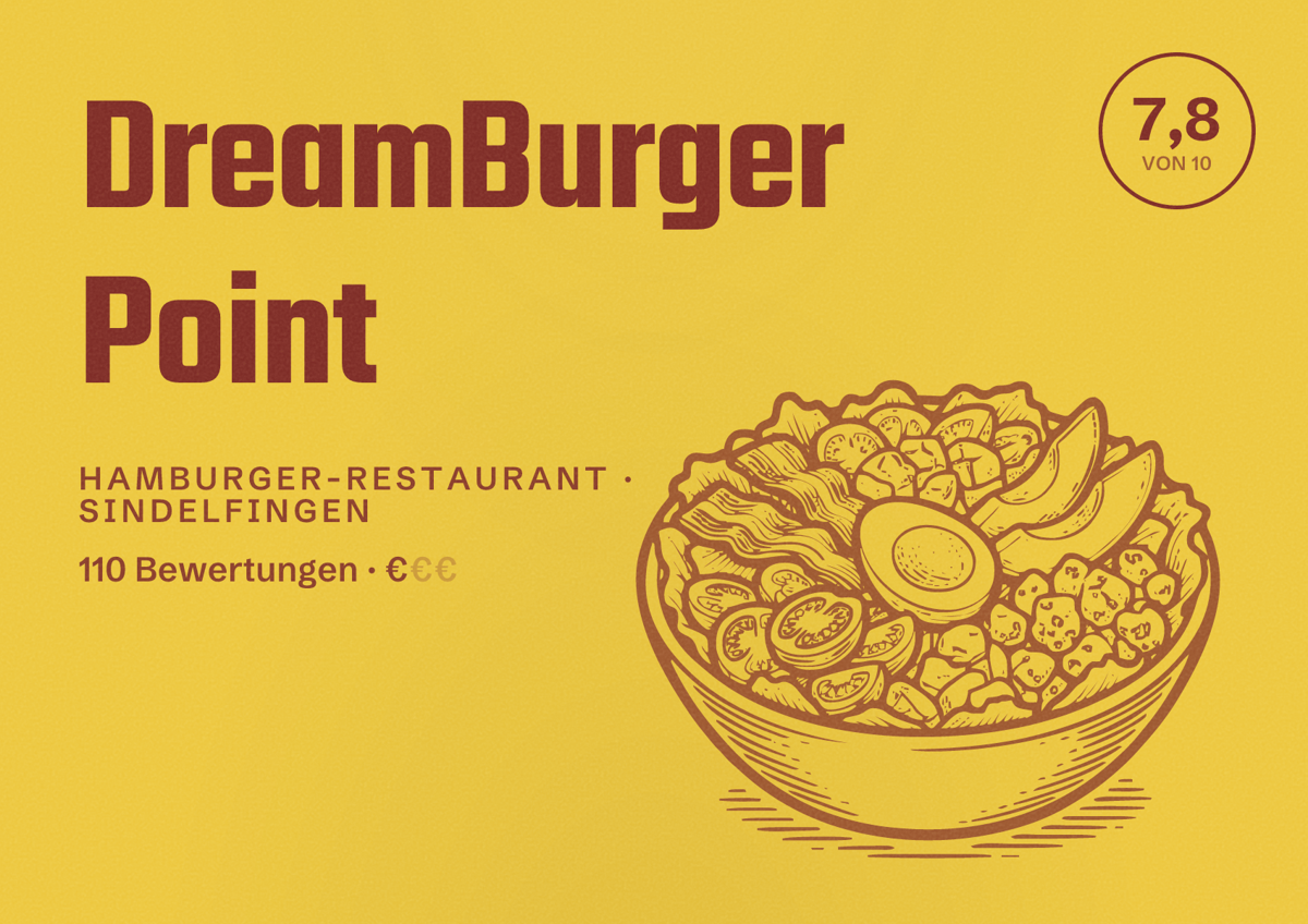 Illustriertes Poster von DreamBurger Point, Hamburger-Restaurant in Sindelfingen: Bewertung 7,8 von 10 aus 110 Bewertungen, Preisniveau €