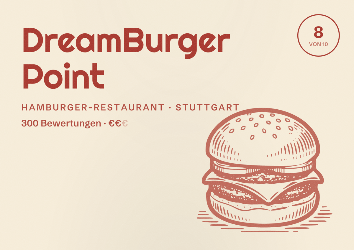 Illustriertes Poster von DreamBurger Point, Hamburger-Restaurant in Stuttgart: Bewertung 8,0 von 10 aus 300 Bewertungen, Preisniveau €€