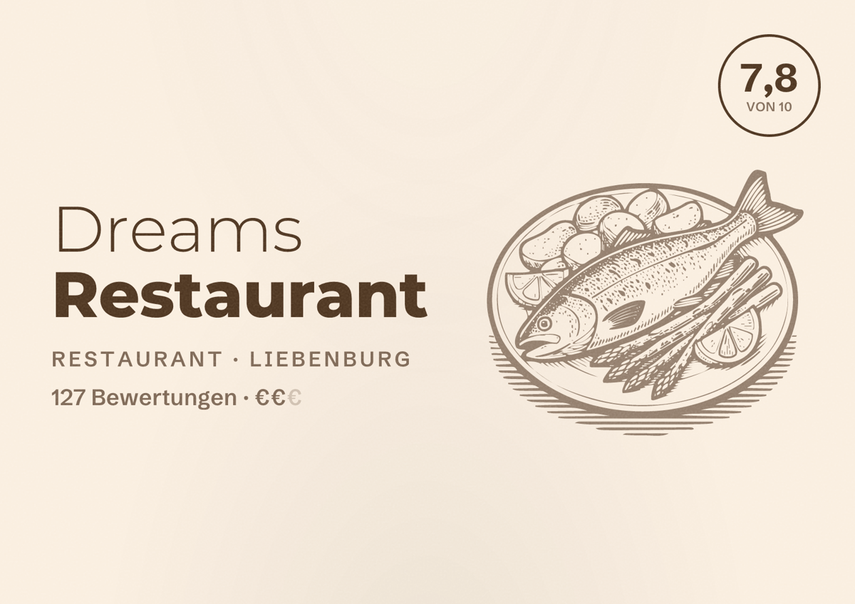 Illustriertes Poster von Dreams Restaurant, Restaurant in Liebenburg: Bewertung 7,8 von 10 aus 127 Bewertungen, Preisniveau €€