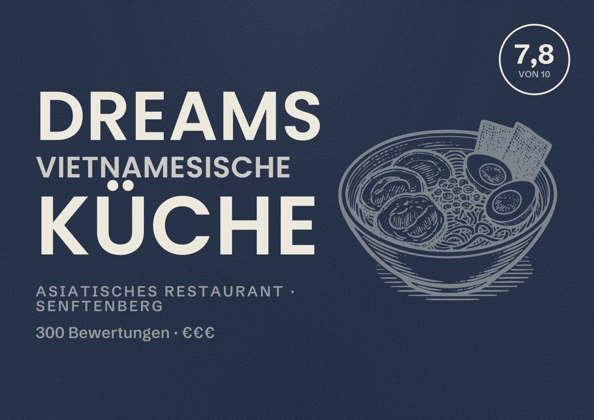 Illustriertes Poster von DREAMS Vietnamesische Küche, Asiatisches Restaurant in Senftenberg: Bewertung 7,8 von 10 aus 300 Bewertungen, Preisniveau €€€
