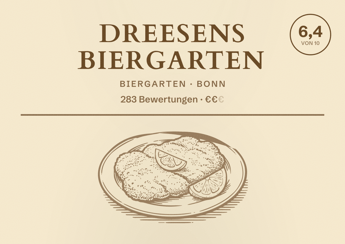 Illustriertes Poster von Dreesens Biergarten, Biergarten in Bonn: Bewertung 6,3 von 10 aus 133 Bewertungen, Preisniveau €