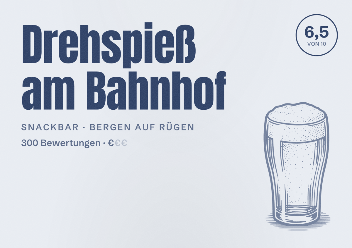 Illustriertes Poster von Drehspieß am Bahnhof, Snackbar in Bergen auf Rügen: Bewertung 6,5 von 10 aus 300 Bewertungen, Preisniveau €
