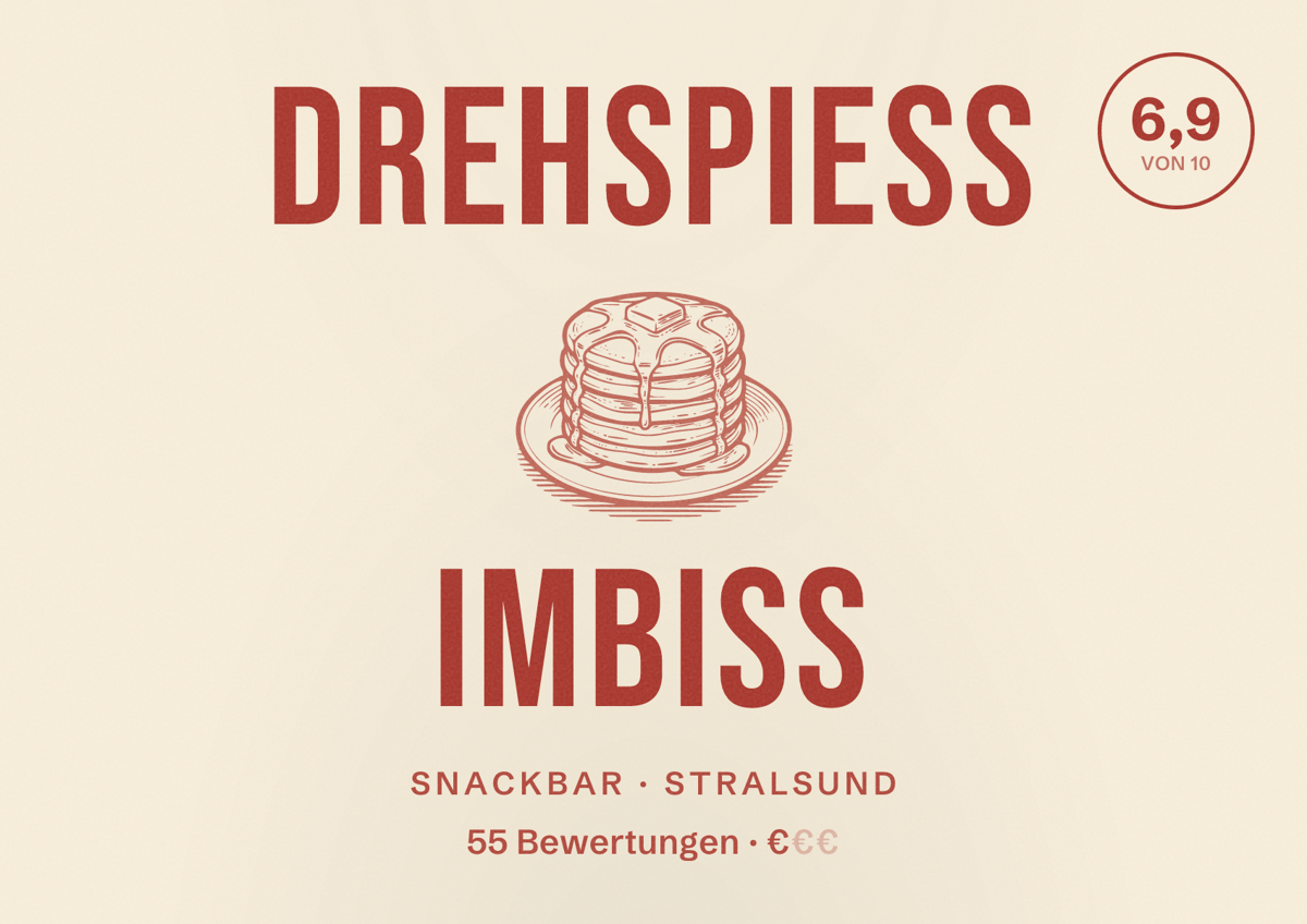 Illustriertes Poster von Drehspieß Imbiss, Snackbar in Stralsund: Bewertung 6,9 von 10 aus 55 Bewertungen, Preisniveau €