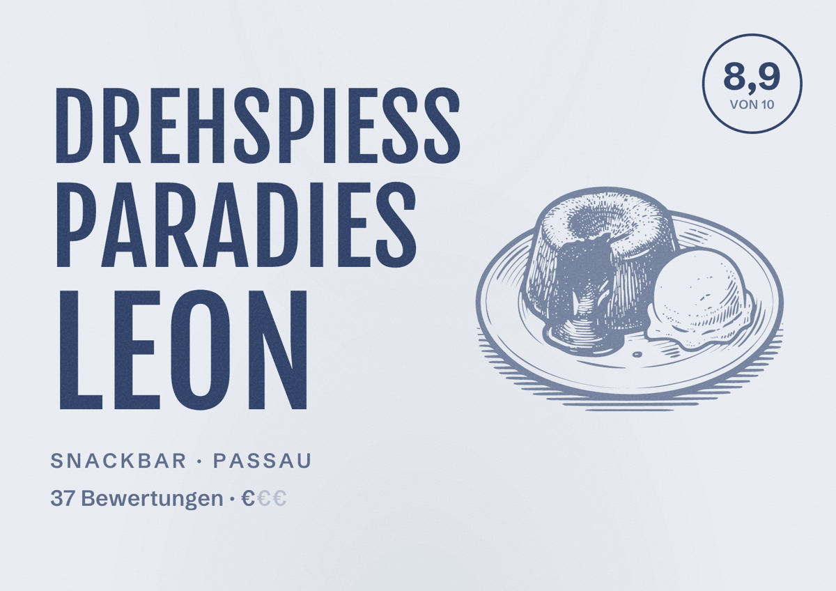 Illustriertes Poster von Drehspieß Paradies Leon, Snackbar in Passau: Bewertung 8,9 von 10 aus 37 Bewertungen, Preisniveau €