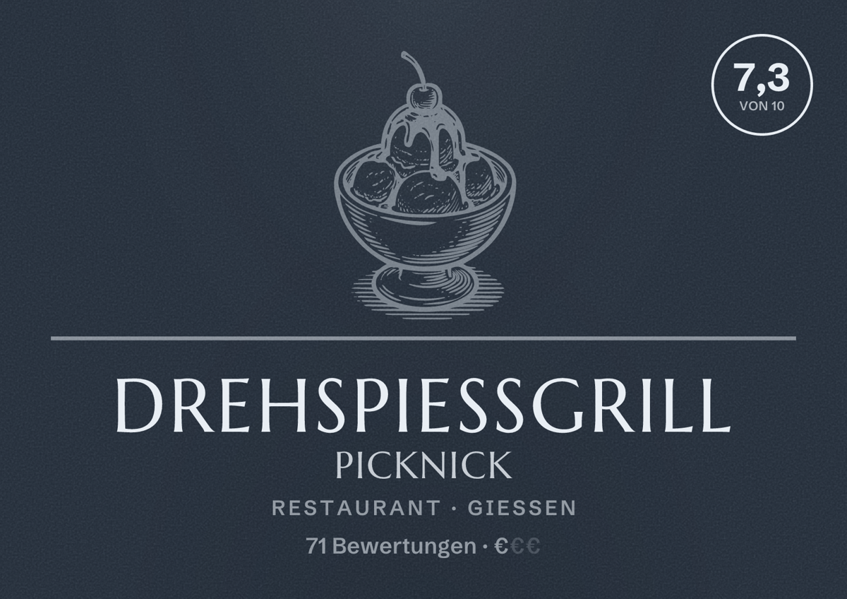 Illustriertes Poster von Drehspießgrill Picknick, Restaurant in Gießen: Bewertung 7,3 von 10 aus 71 Bewertungen, Preisniveau €