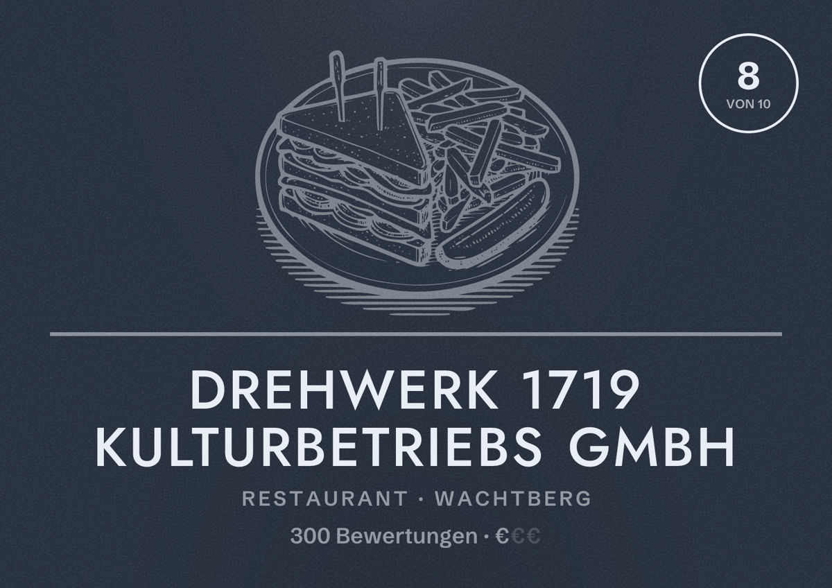 Illustriertes Poster von Drehwerk 1719 Kulturbetriebs GmbH, Restaurant in Wachtberg: Bewertung 8 von 10 aus 300 Bewertungen, Preisniveau €